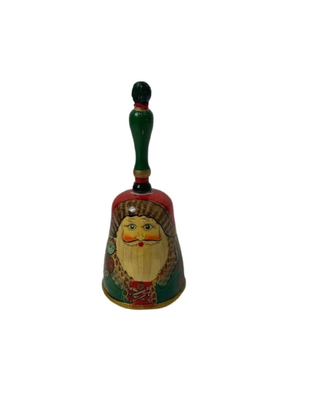 Hand Painted Christmas Santa Claus Wooden Bell Decor Green Red Gold Multicolor